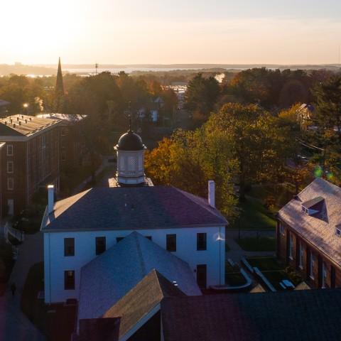 Drone image of Portland Campus and surrounding area at sunset